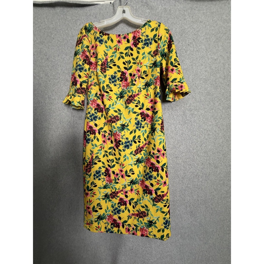 Calvin Klein Dress Womens 8 Yellow Floral Bell Sleeve Sheath Ruffle Knee